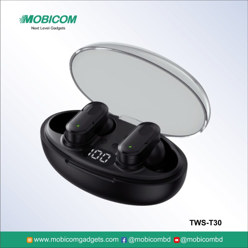 Mobicom TWS-T30 high-quality Bluetooth earbuds – durable, lightweight, perfect for music and calls at an affordable price.