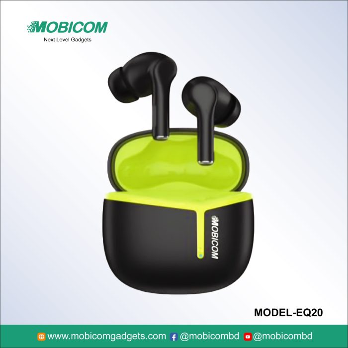 Mobicom EQ20 wireless earbuds – durable, lightweight, perfect for music and calls at an affordable price.