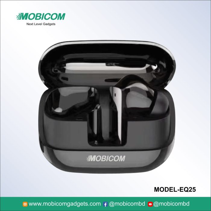 Mobicom EQ25 wireless earbuds – durable, lightweight, perfect for music and calls at an affordable price.