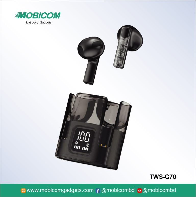 Mobicom TWS-G70 wireless earbuds – durable, lightweight, perfect for music and calls at an affordable price.