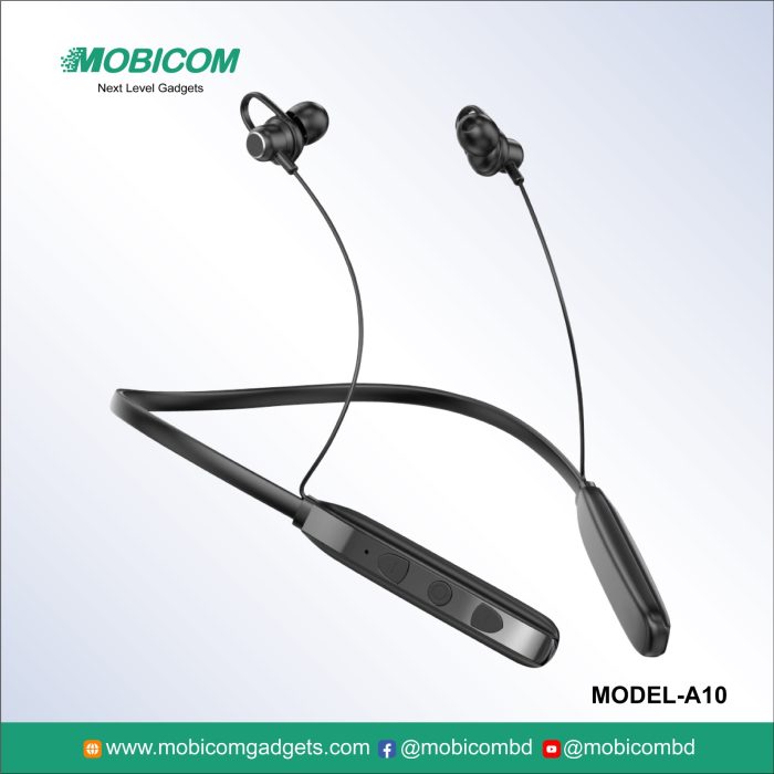 Mobicom A-10 Neckband: Affordable and stylish neckband with Bluetooth connectivity and long battery life, perfect for everyday use.