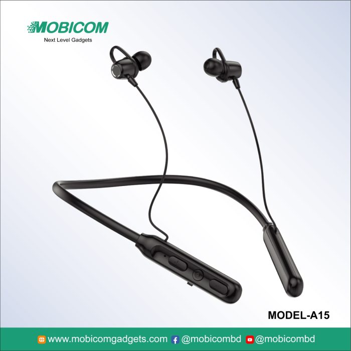 Mobicom A-15 Neckband: Affordable and stylish neckband with Bluetooth connectivity and long battery life, perfect for everyday use.