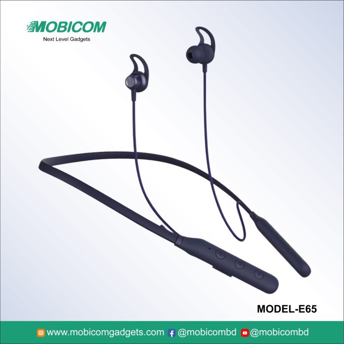 Mobicom E-65 Neckband: Affordable and stylish neckband with Bluetooth connectivity and long battery life, perfect for everyday use.