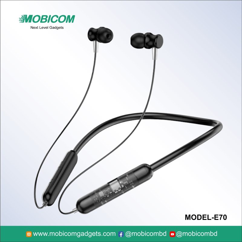 Get the Mobicom Neckband E-60 at the best neckband price in Bangladesh. Enjoy durable design, long battery life, and superior sound quality.