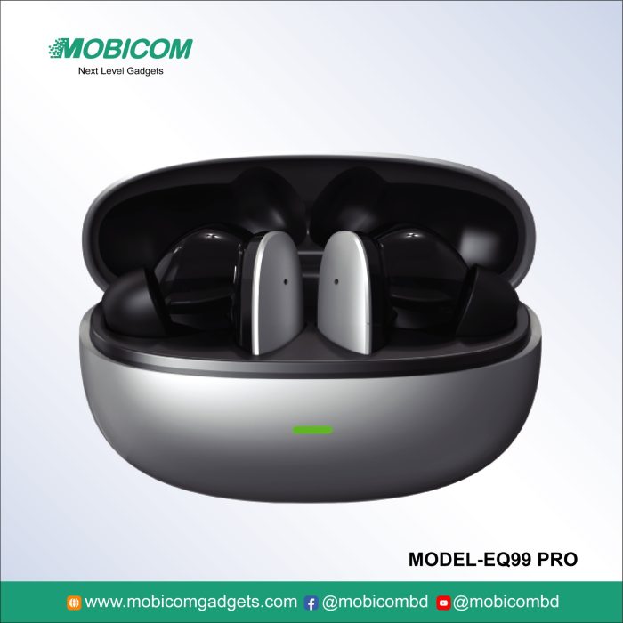 Mobicom EQ 99 PRO wireless earbuds – durable, lightweight, perfect for music and calls at an affordable price.