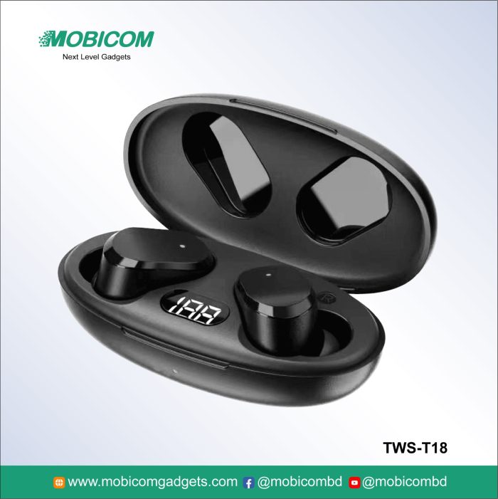 Mobicom TWS T18 wireless earbuds – durable, lightweight, perfect for music and calls at an affordable price.