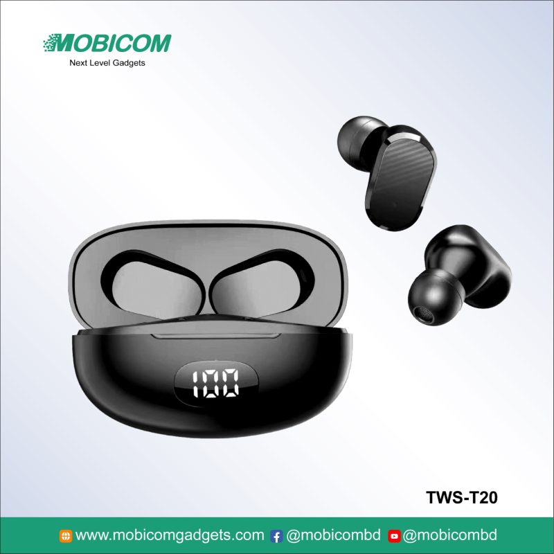 Mobicom TWS-T20 wireless earbuds – durable, lightweight, perfect for music and calls at an affordable price.