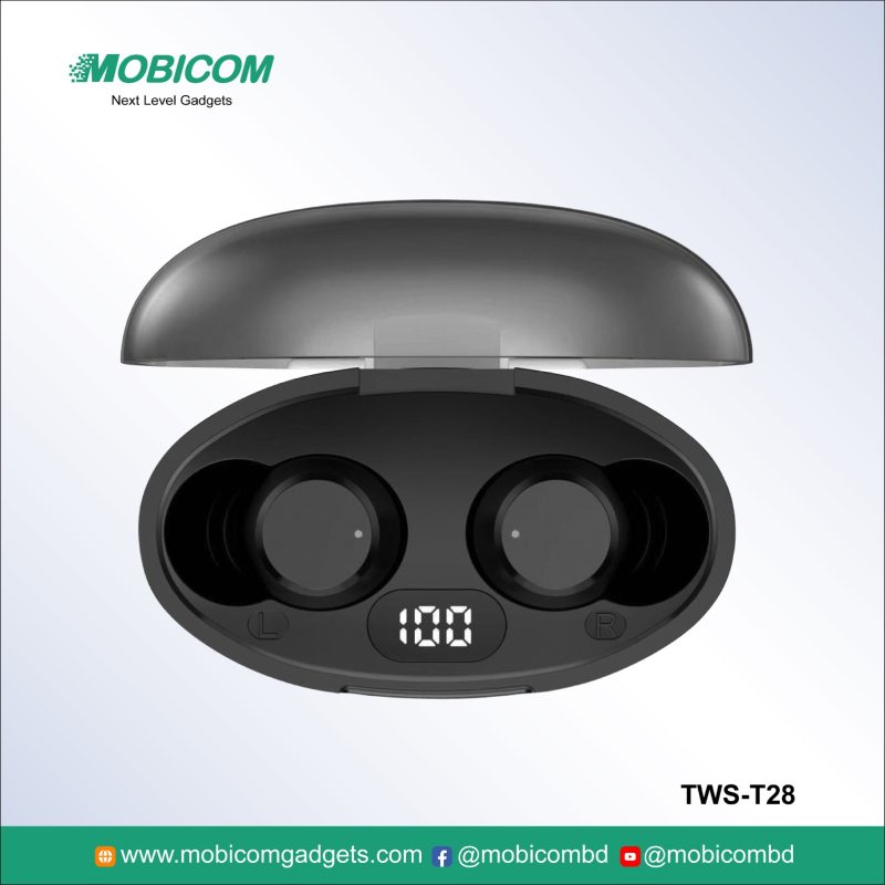 Mobicom TWS-T28 wireless earbuds – durable, lightweight, perfect for music and calls at an affordable price.